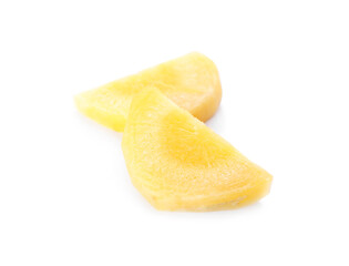 Fototapeta na wymiar Slices of raw yellow carrot isolated on white