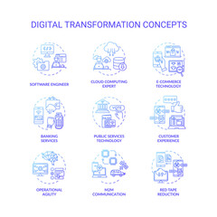Digital transformation blue gradient concept icons set. Professional programmer. Technology innovation for business idea thin line RGB color illustrations. Vector isolated outline drawings