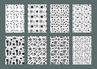 memphis vector seamless pattern swatches, black and white monochrome pattern, simple black design elements textile
