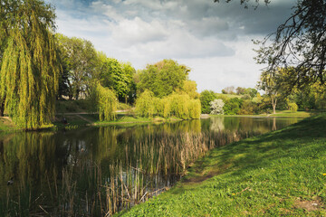 Park Moczydlo and its lake in the spring in the Warsaw city.