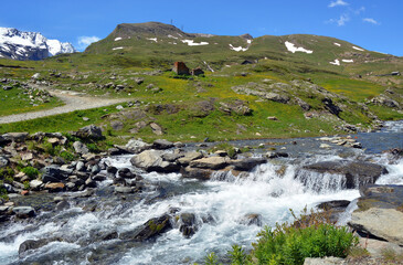 The alpine scenic landscapes of mountains, meadows and flowers at Dondena, Aosta Valley, Italy in the natural reserve of Mount Avic.