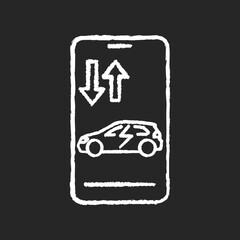 Remote car access chalk white icon on black background. Modern NFC technologies, online automobile purchasing app. Electric vehicle on smartphone display isolated vector chalkboard illustration