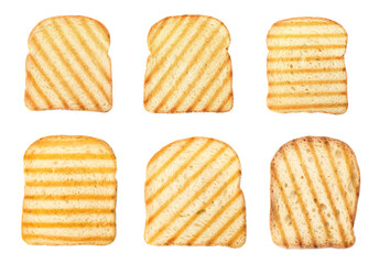 Set with toasted slices of wheat bread on white background, top view
