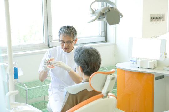 歯型を見せて話す歯科医師