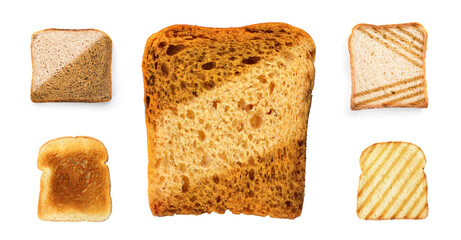 Set with toasted slices of wheat bread on white background, top view. Banner design