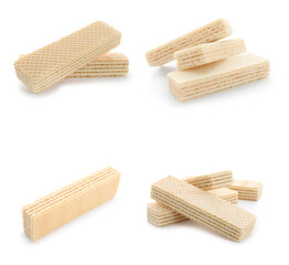 Set of delicious vanilla wafers on white background. Sweet food