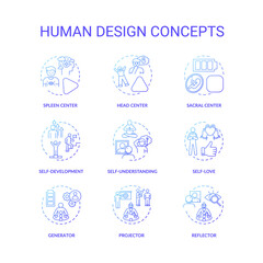 Fototapeta na wymiar Human design blue gradient concept icons set. Improve self understanding. Accept oneself. Chakra type. Individuality idea thin line RGB color illustrations. Vector isolated outline drawings