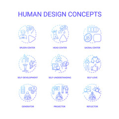 Human design blue gradient concept icons set. Improve self understanding. Accept oneself. Chakra type. Individuality idea thin line RGB color illustrations. Vector isolated outline drawings