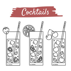 Black and white vector illustration of cocktails in line art style with cherry, strawberry, lime, lemon, orange and grapefruit. Icons are suitable for menu design and summer decor.