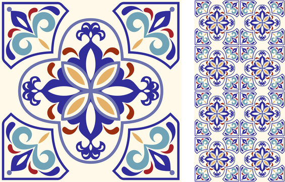  Seamless Azulejo tile. Portuguese and Spain decor. Islam, Arabic, Indian, Ottoman motif. Vector Hand drawn pattern