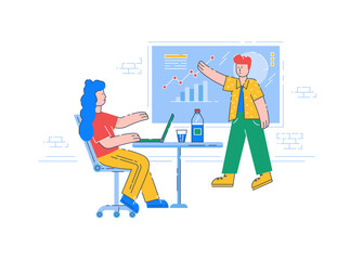 Business presentation semi flat RGB color vector illustration. Company workers, colleagues isolated cartoon characters on white background. Corporate education, financial report, strategy development