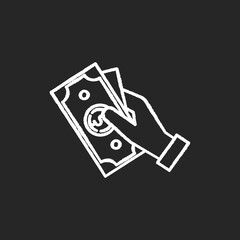 Hand hold money chalk white icon on black background. Cash for client. Business revenue. Employee salary. Bank benefit. Charge cash. Handout dollar. Isolated vector chalkboard illustration