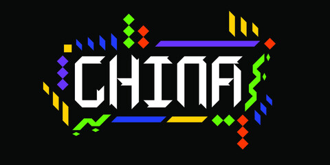 Colorful custom vector logo font of China, in a geometric, playful style on black background. The abstract Asian ornament is a representation of tourism, dynamic, innovative culture.