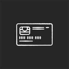 Credit card front chalk white icon on black background. Online payment. Deposit card with chip. Internet shopping. Cashless money transfer. Banking service. Isolated vector chalkboard illustration