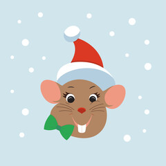 The happy rat with the red Christmas hat on the blue background.