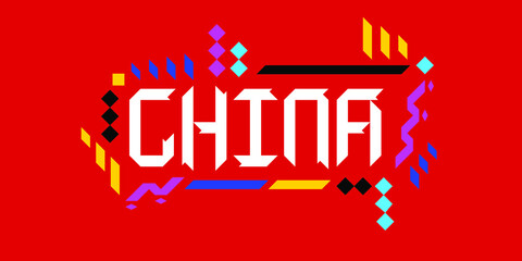 Colorful custom vector logo font of China, in a geometric, playful style on red background. The abstract Asian ornament is a representation of tourism, dynamic, innovative culture.