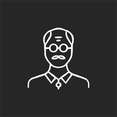 Senior man chalk white icon on black background. Male elder. Old person. Grandfather with mustache. Middle age human avatar. Mature person. Adult portrait. Isolated vector chalkboard illustration