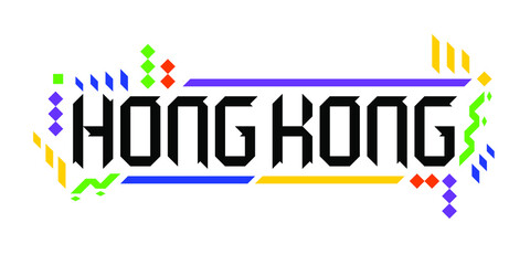 Colorful vector logo font of the city of Hong Kong, in a geometric, playful style on white background. The abstract Asian ornament is a representation of tourism, dynamic, innovative culture.