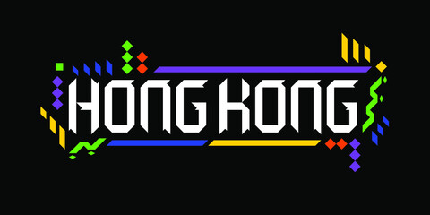 Colorful vector logo font of the city of Hong Kong, in a geometric, playful style on black background. The abstract Asian ornament is a representation of tourism, dynamic, innovative culture.