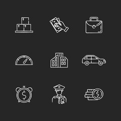 Fototapeta premium Loan money chalk white icons set on black background. Cash for business. Investment in real estate. Buy private property. Banking service. Payout for work. Isolated vector chalkboard illustrations