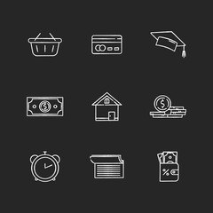 Credit money chalk white icons set on black background. Online shopping. Student scholarship. Credit to buy house. Monetary gain. Gold coin. Financial benefit. Isolated vector chalkboard illustrations