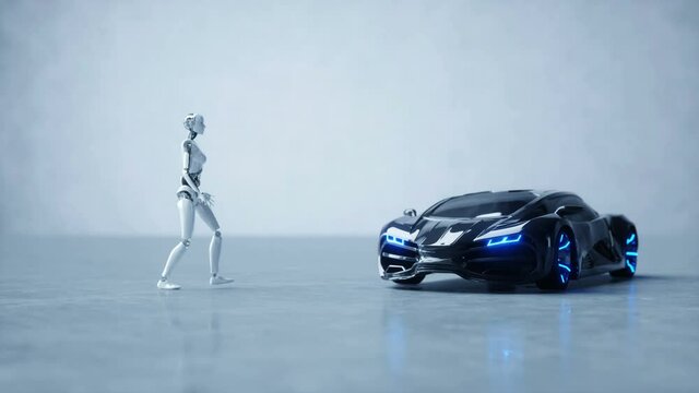 Futuristic humanoid female robot is walkihg to car. Realistic motion and reflections. Concept of future. 4K footage.