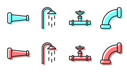 Set line Industry pipe and valve, Industry metallic pipe, Shower and Industry metallic pipe icon. Vector