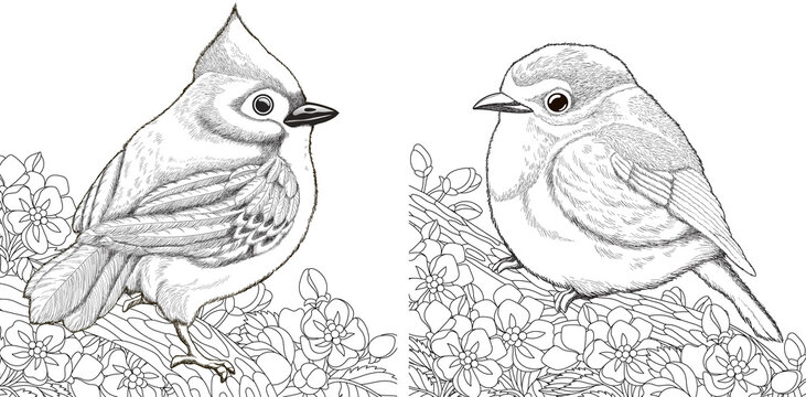 Coloring pages with two birds and flowers