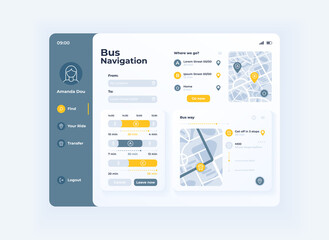 Bus navigation tablet interface vector template. Mobile app page light mode design layout. Passenger account menu screen. Flat UI for application. Maps with transport routes on portable device display