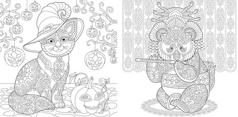 Fototapeta premium Coloring pages with Halloween cat and panda geisha