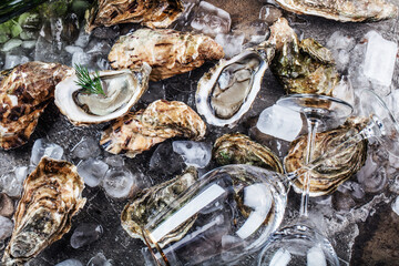 top view of delicious oysters on ice cubes and wine glass