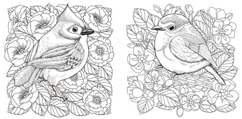 Coloring pages with birds and flowers