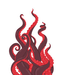 Octopus. Red octopus tentacles reaching upwards. Vector illustration of kraken or squid. Cartoon underwater marine animal