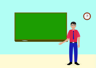 Back to a school teacher in classrom with green board.