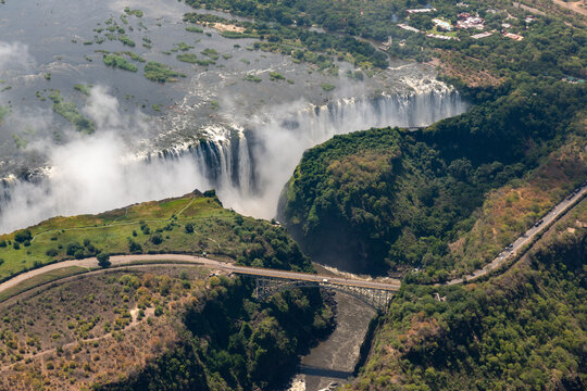 Aerial view of Victoria Falls flying over by helicopter