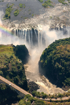 Aerial view of Victoria Falls flying over by helicopter