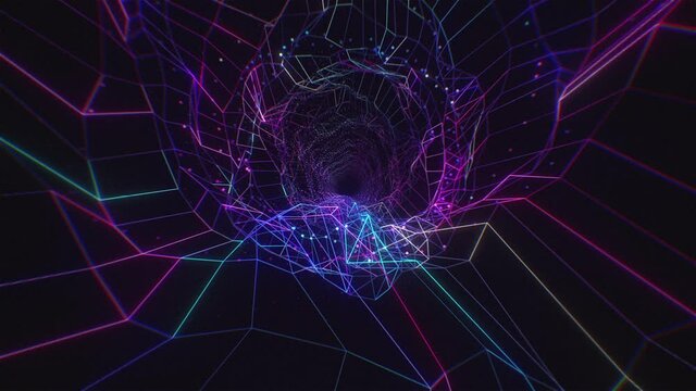 Neon glowing retro 80s tunnel seamless loop. Colorful audio reacting particles. Audio beat react sound equalizer. Pulsing flickering background. 120 bpm audio reactive. For event, concert, stage, VJ s