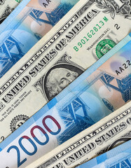 Obraz premium US dollars with Russian rubles, background. Financial crisis, ruble devaluation concept.