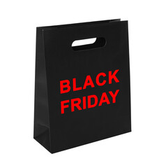 Paper shopping bag with phrase BLACK FRIDAY on white background