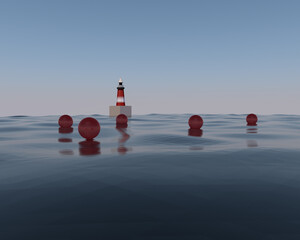 lighthouse at sea with balls floating