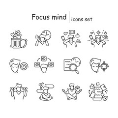 Focus mind icon set. line illustration pictograms for attention management, task and goal setting, mindfulness exercise, decision making and digital information detox. Editable stroke vector