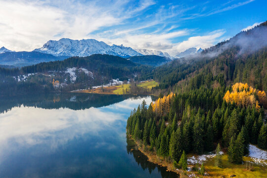 Aerial view on Barmsee and Wetterstein, Krun, Bavaria, Germany