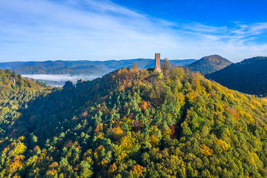 Aeriel view at Scharfenberg castle, Annweiler, Palatinate forest, Wasgau, Rhineland-Palatinate, Germany