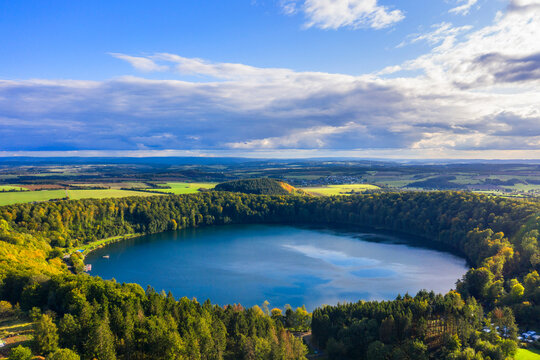 Aerial view on Pulvermaar, Gillenfeld, Eifel, Rhineland-Palatinate, Germany