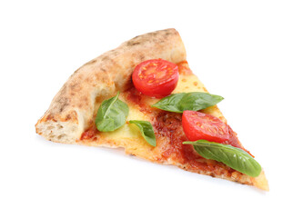 Slice of delicious pizza isolated on white