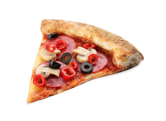 Slice of delicious pizza isolated on white