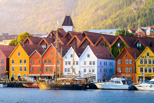Bergen, Hordaland, Norway. Wooden houses of Bryggen, UNESCO site, former counter of the Hanseatic League.