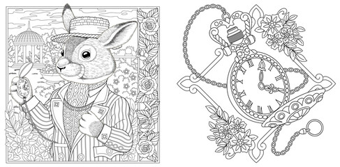 Coloring pages with bunny and vintage pocket watch