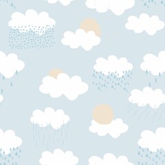 Seamless pattern with white rainy clouds on blue background. Design for kids. 