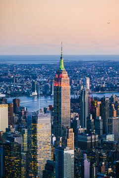Manhattan, New York City, USA. Aerial view of the Empire State Building at dusk.